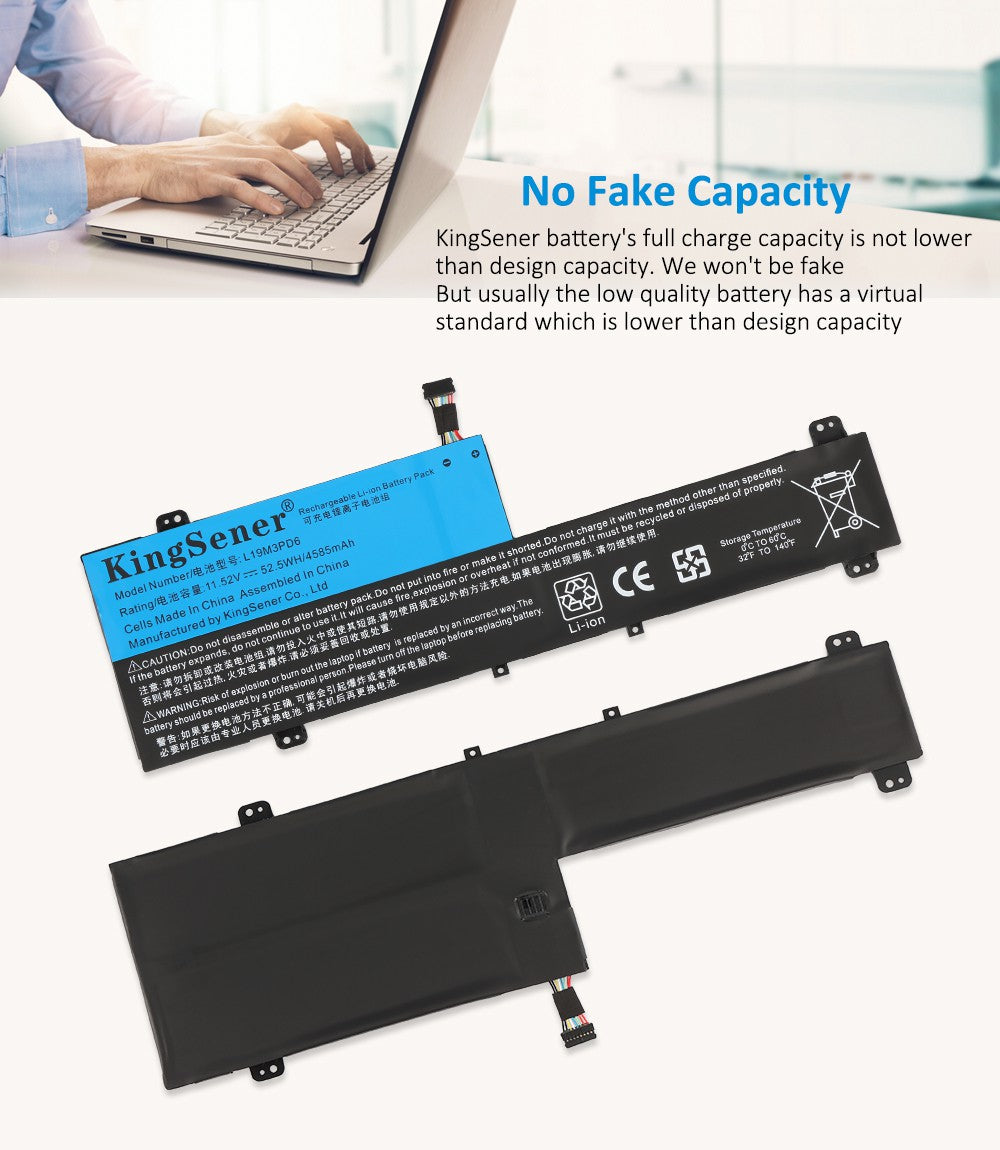 L19M3PD6 Laptop Battery for Lenovo IdeaPad, 11.52V 52.5Wh, showing internal unit and white text