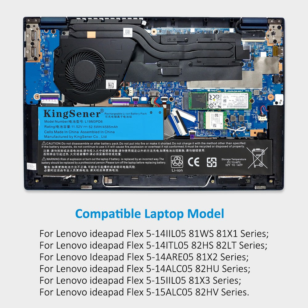 L19M3PD6 Laptop Battery for Lenovo IdeaPad, 11.52V 52.5Wh, showing internal unit and white text