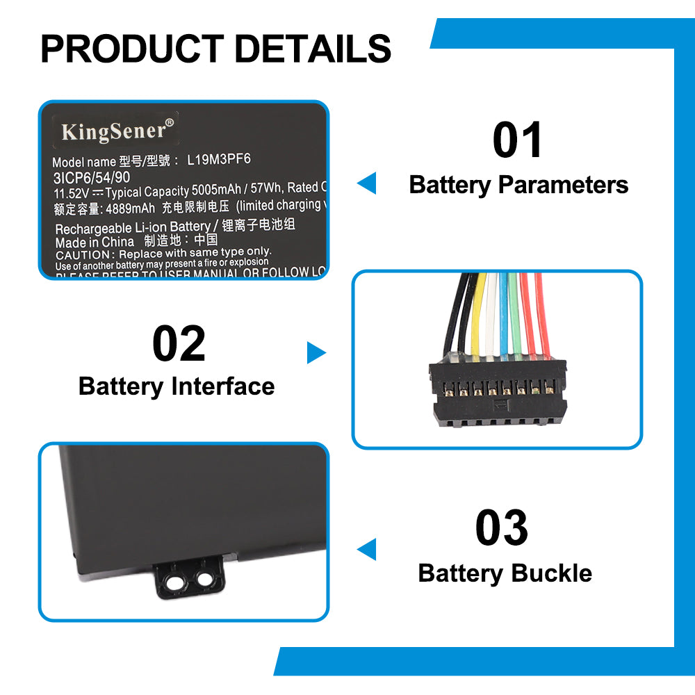 L19M3PF6 Laptop Battery for Lenovo IdeaPad, 11.52V 57Wh, showing internal unit with mounting tabs