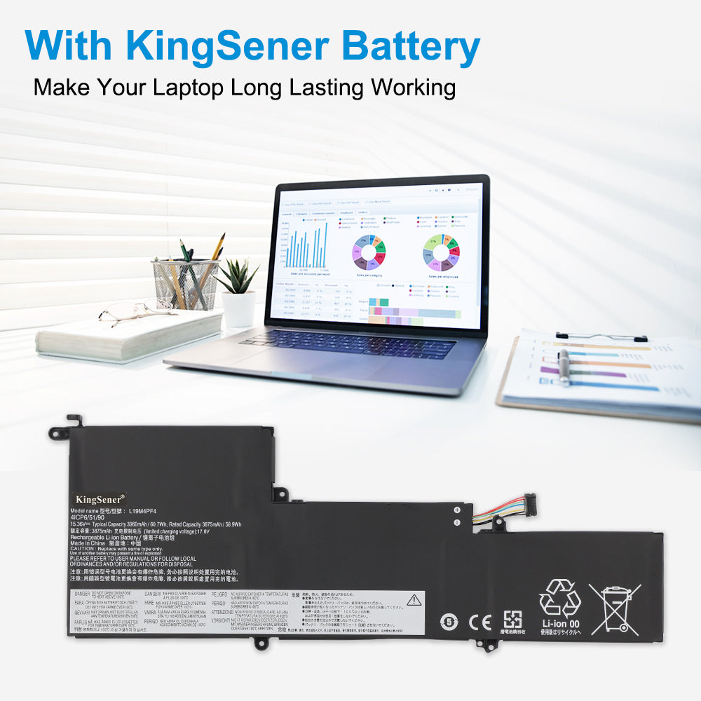 L19M4PF4 Replacement Laptop Battery for Lenovo, 15.36V, side profile highlighting the slim form factor.