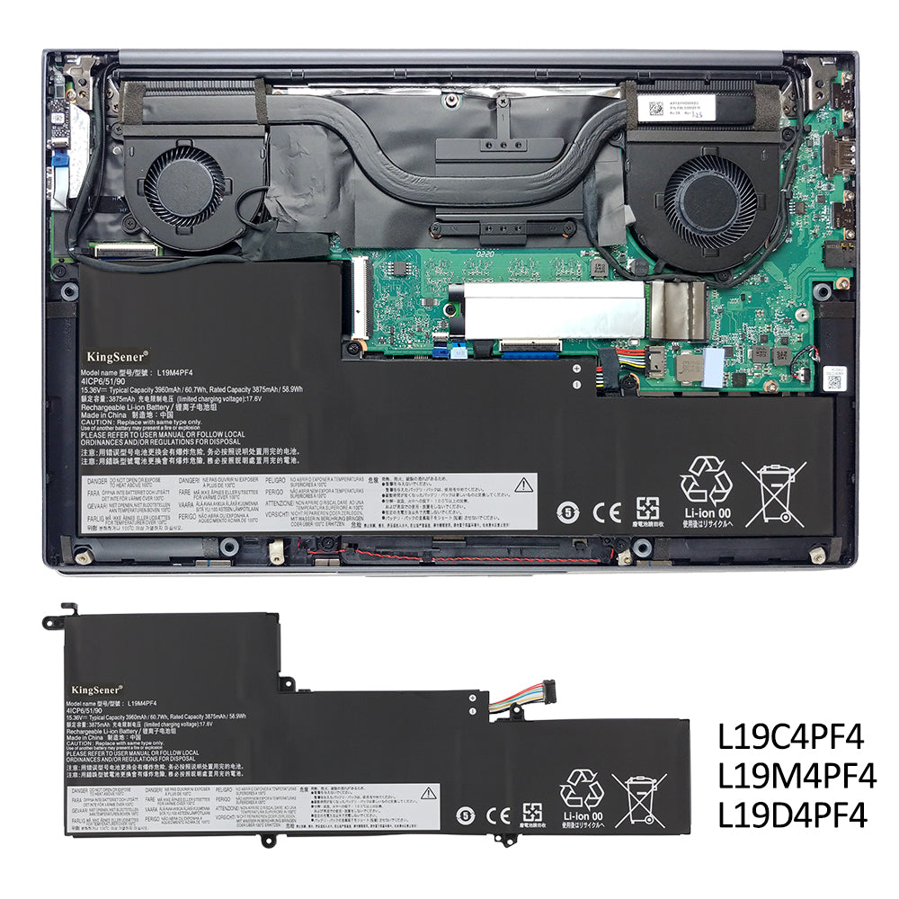 L19M4PF4 Replacement Laptop Battery for Lenovo, 15.36V, perspective view of the battery casing and mounting tabs.