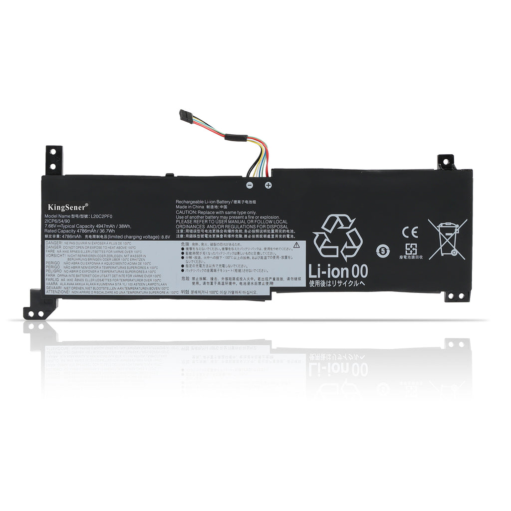 L20L2PF0 Replacement Laptop Battery for Lenovo, 7.68V, front view of slim black internal battery with connector wires.