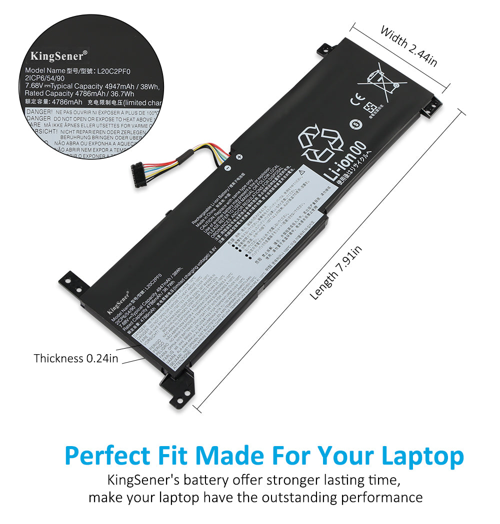L20L2PF0 Replacement Laptop Battery for Lenovo, 7.68V, top view of the battery showing screw holes and safety labels.