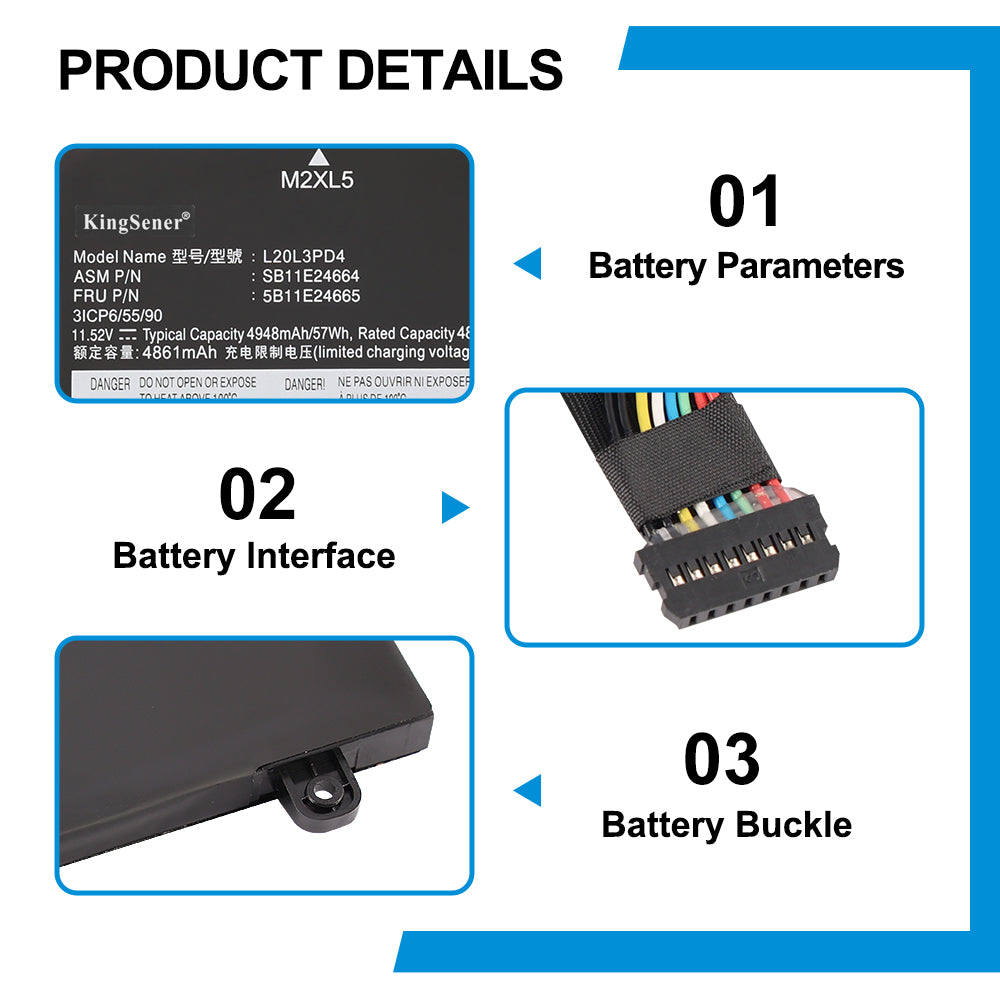 L20L3PD4 battery product details with battery parameters, interface connector, and battery buckle