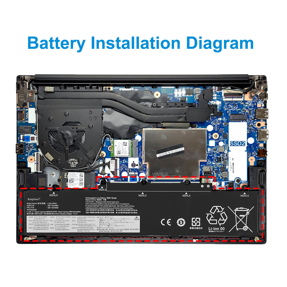 L20L3PD4 battery installation diagram inside Lenovo ThinkPad E14 E15 laptop chassis