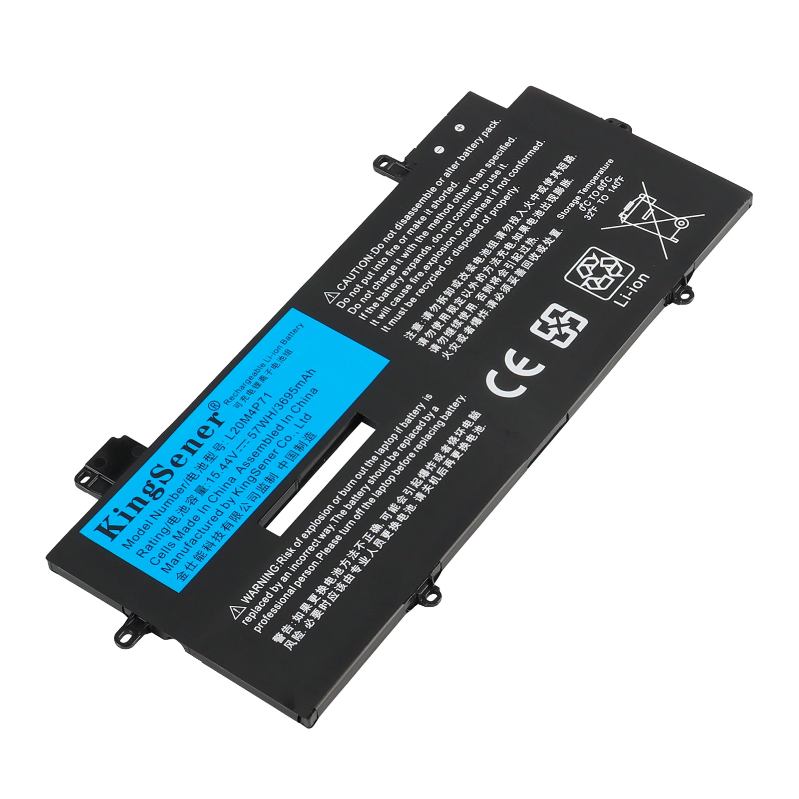 L20D4P71 Replacement Laptop Battery for Lenovo, 15.44V, front view of slim black internal battery with connector wires.