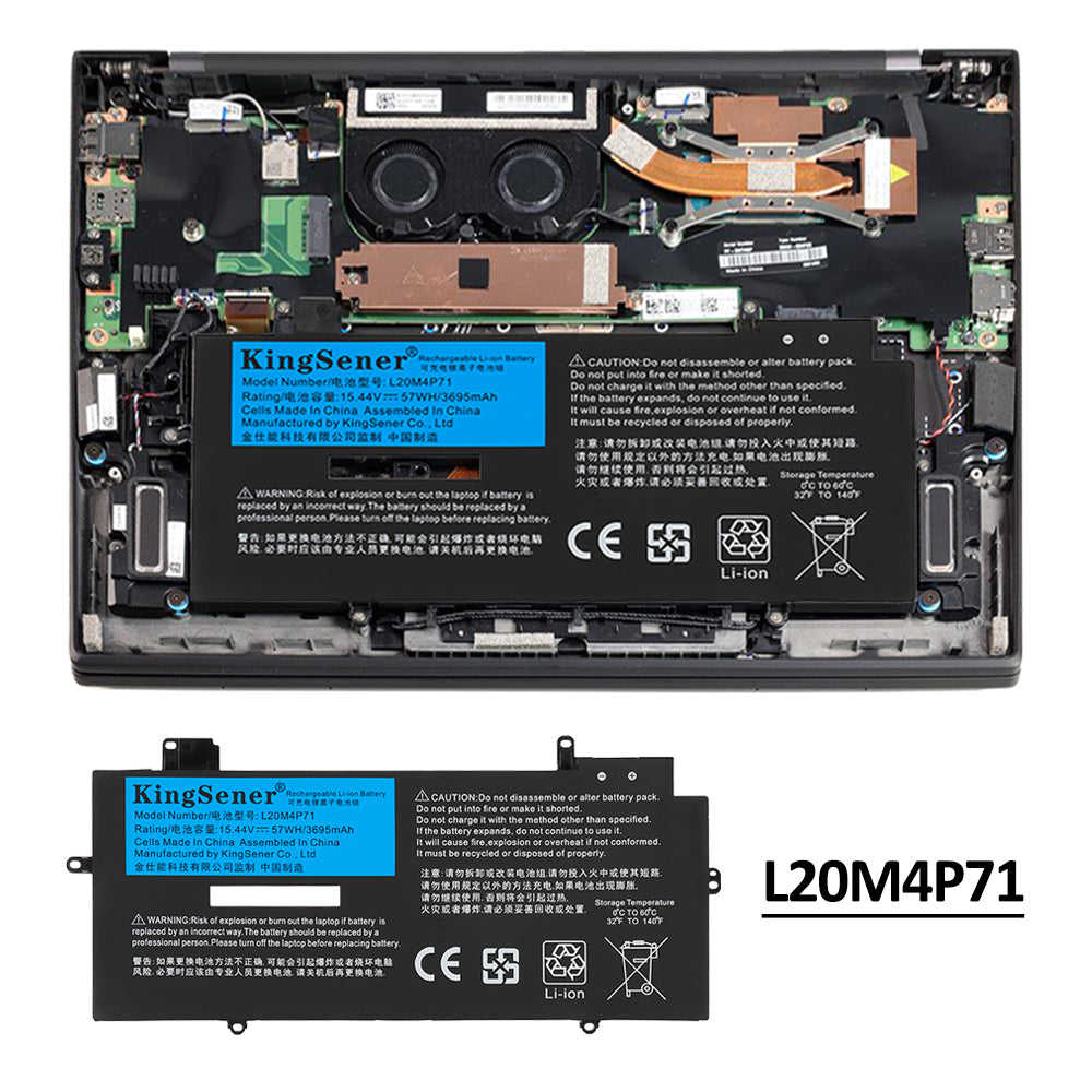 L20D4P71 Replacement Laptop Battery for Lenovo, 15.44V, perspective view of the battery casing and mounting tabs.