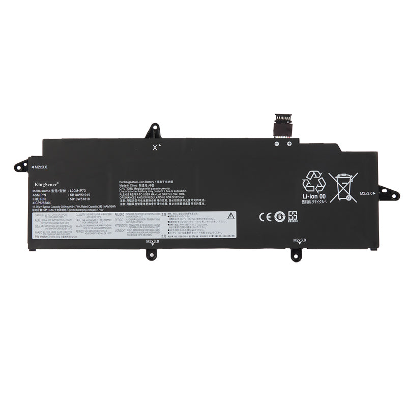 L20M4P73 Replacement Laptop Battery for Lenovo, 7Wh, front view of slim black internal battery with connector wires.