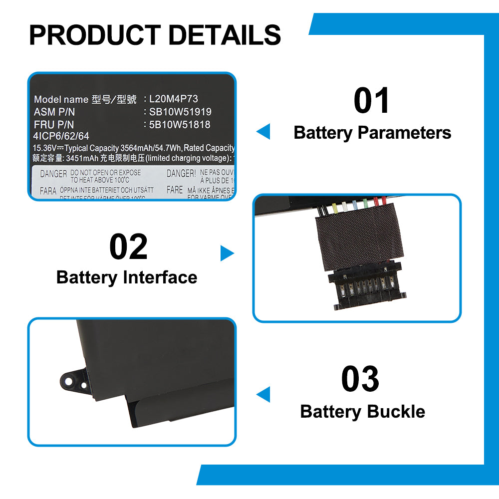 L20M4P73 Replacement Laptop Battery for Lenovo, 7Wh, top view of the battery showing screw holes and safety labels.