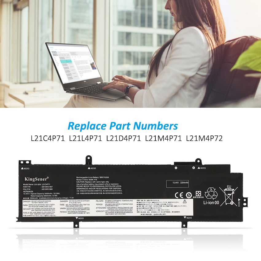 L21L4P71 Replacement Laptop Battery for Lenovo, 15.44V, rear view showing the smooth surface and structural design.