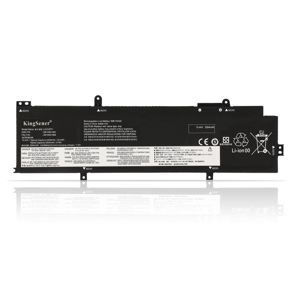 L21D4P71 Replacement Laptop Battery for Lenovo, 15.44V, front view of slim black internal battery with connector wires.