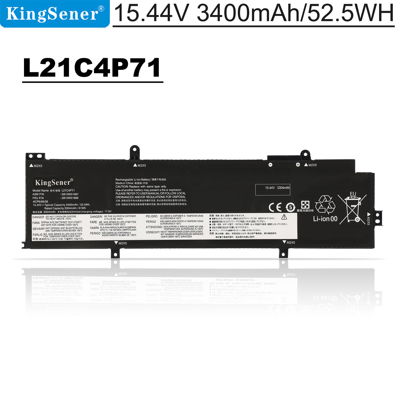 L21M4P72 Replacement Laptop Battery for Lenovo, 15.44V, front view of slim black internal battery with connector wires.