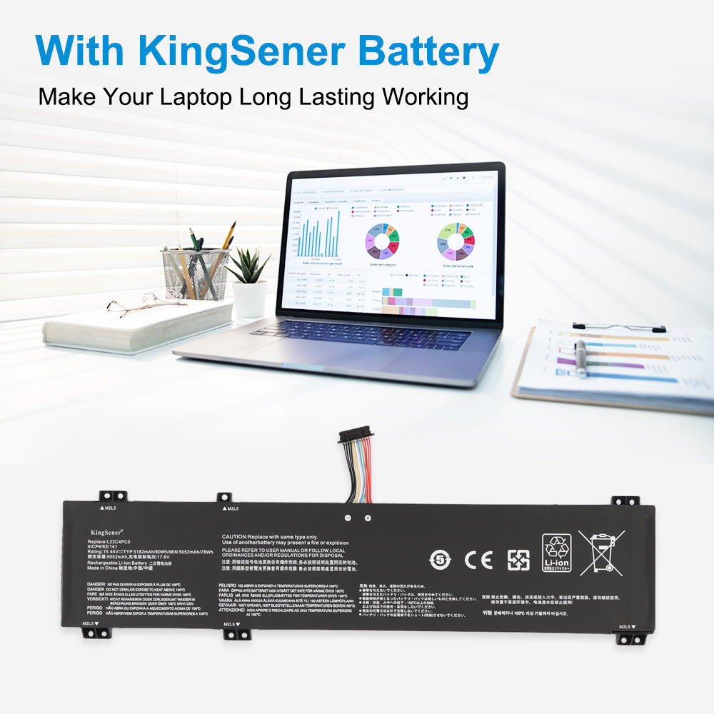 L22C4PC0 battery back view showing KingSener branding and replacement label for Lenovo laptops