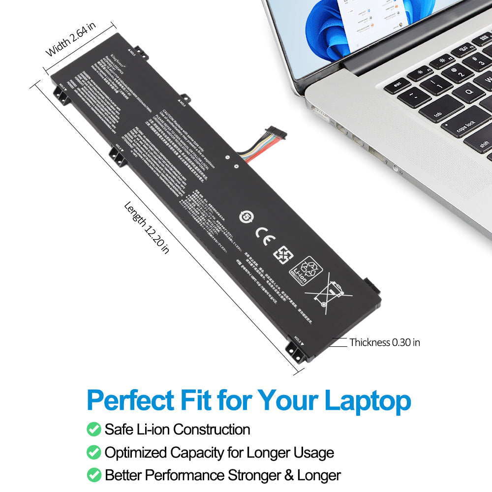 L22C4PC0 battery dimensions showing length 12.20 in, width 2.64 in, thickness 0.30 in