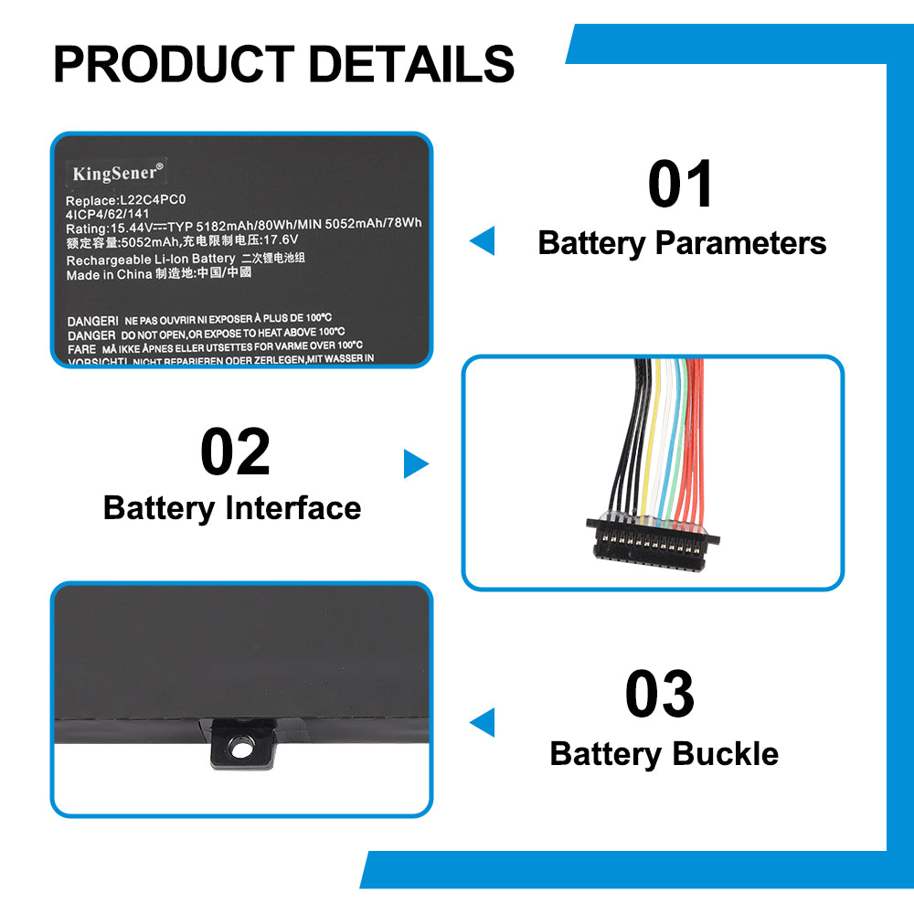L22C4PC0 battery product details with battery parameters, interface connector, and battery buckle