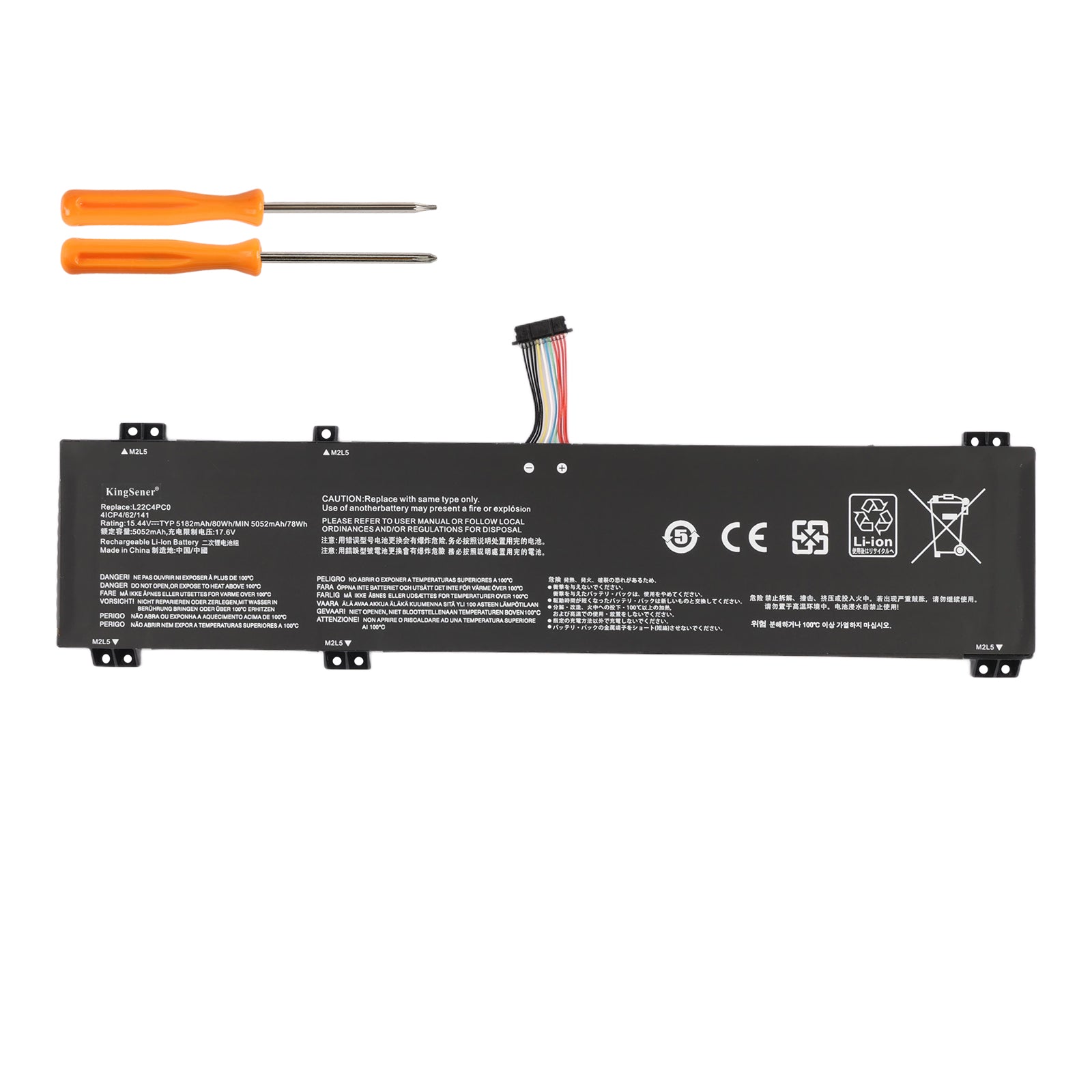 L22C4PC0 battery with two screwdrivers on white background