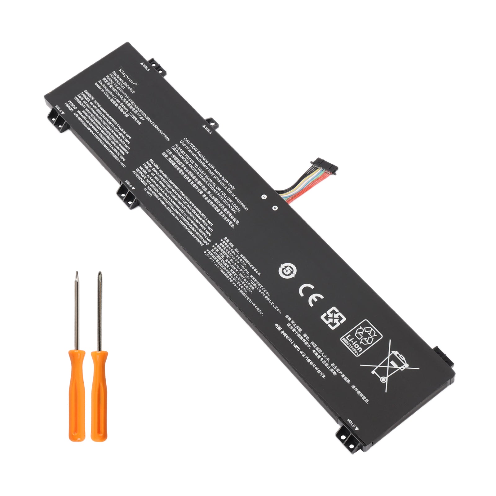 L22C4PC0 battery with two screwdrivers on white background