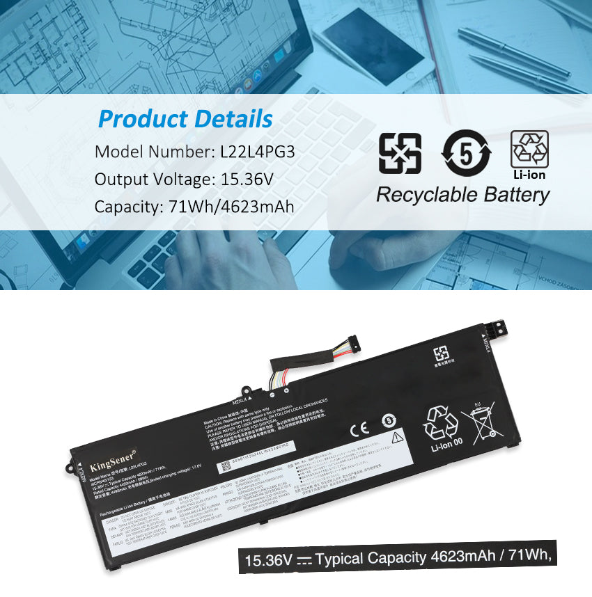 L22L4PG3 Replacement Battery for Lenovo, 15.36V 71Wh, back side showing flat surface and screw holes