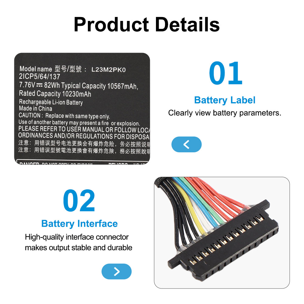 L23M2PK0 battery product details showing battery label and high-quality interface connector