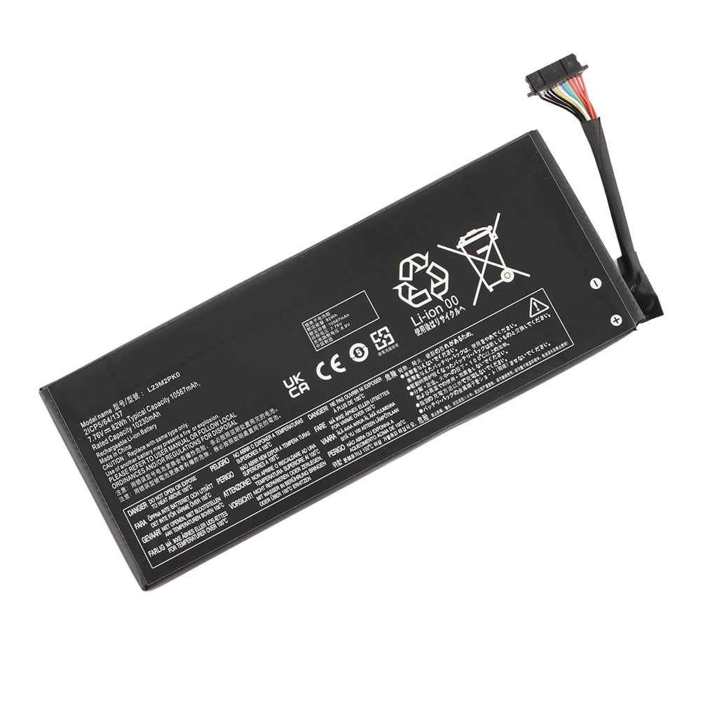 Angled view of L23M2PK0 battery showing CE UKCA certification marks and Li-ion label