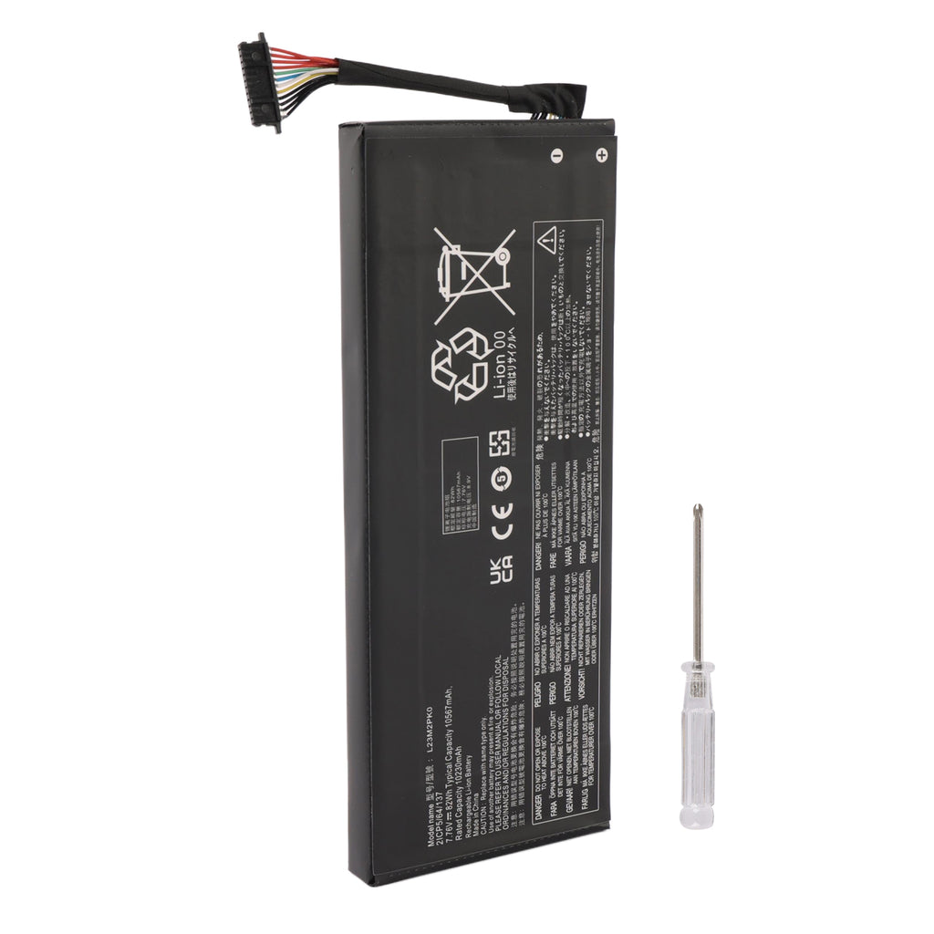 L23M2PK0 battery with screwdriver on white background showing 7.76V 82Wh specifications