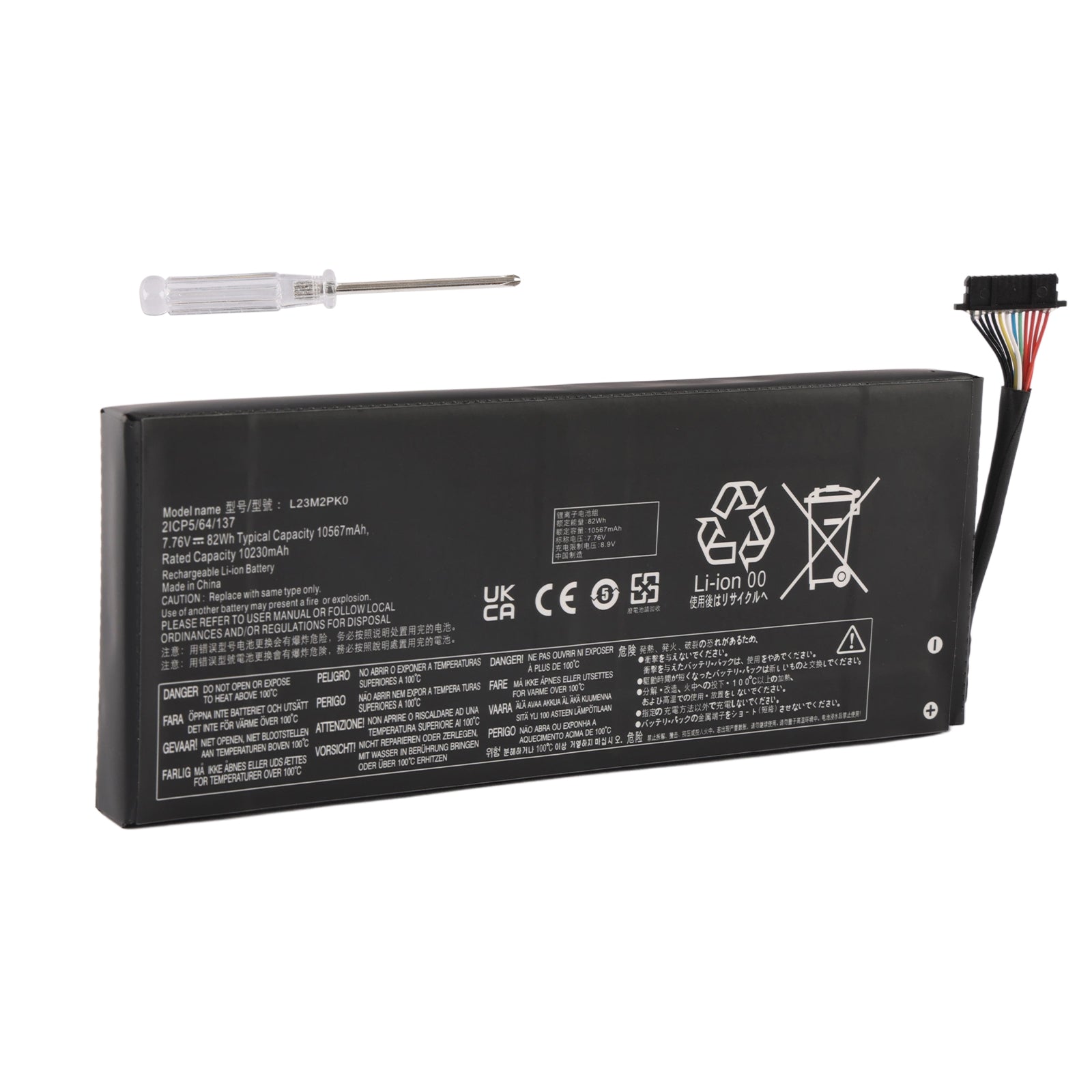 L23M2PK0 battery with screwdriver on white background showing 7.76V 82Wh specifications