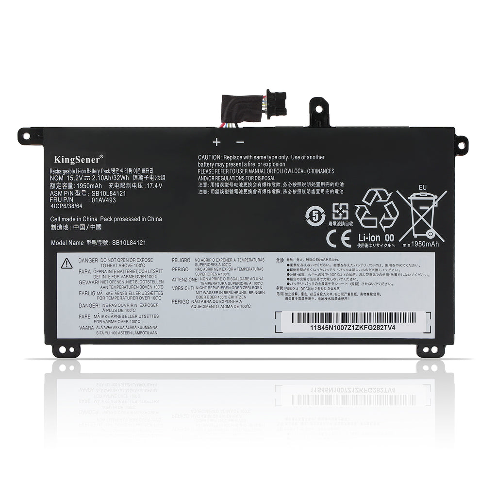 SB10L84121 laptop battery for Lenovo ThinkPad T570 P51S, 15.2V 32Wh, flat black design with 6-wire colored connector.