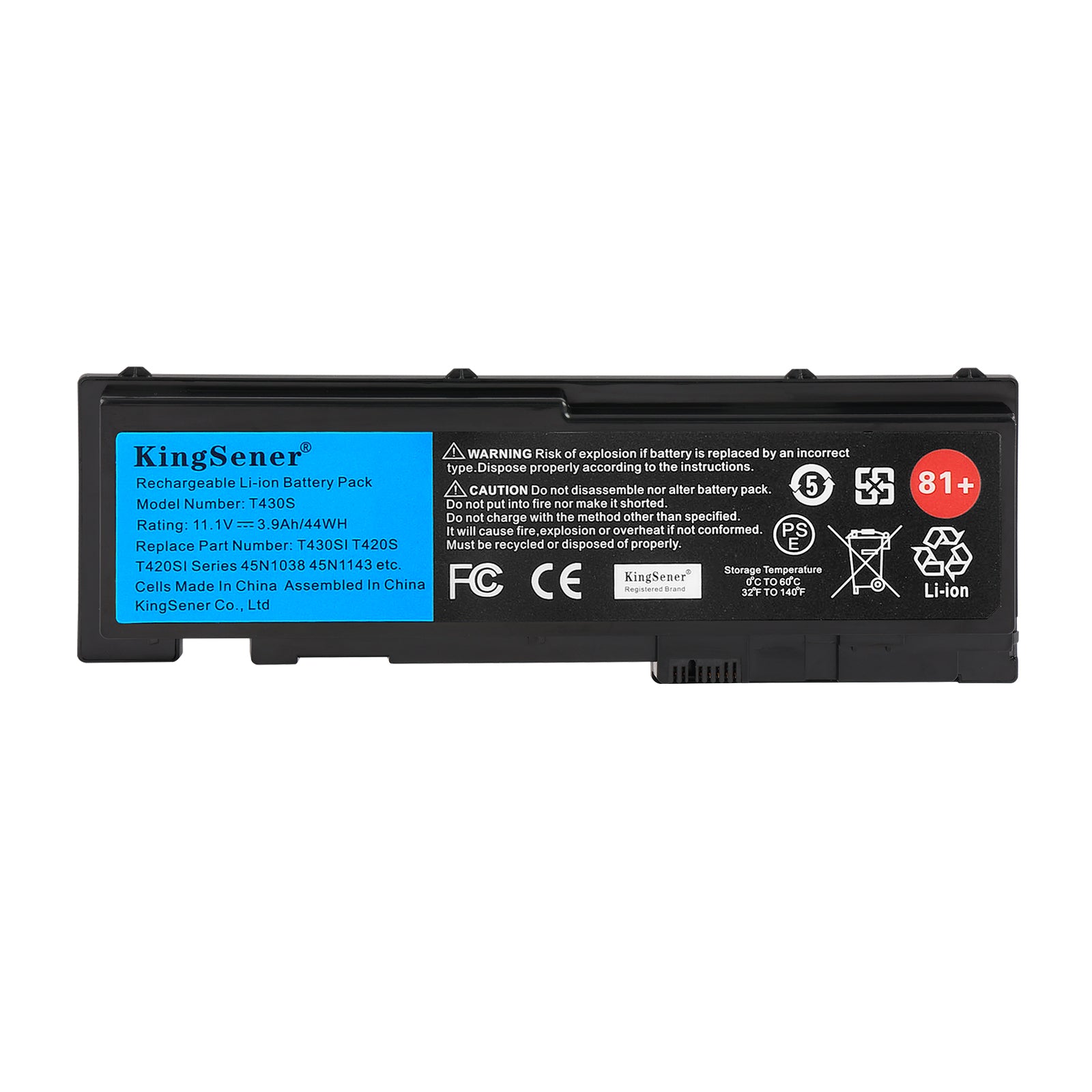 T430S replacement battery for Lenovo ThinkPad, 11.1V 44Wh 3900mAh, front label view with KingSener branding