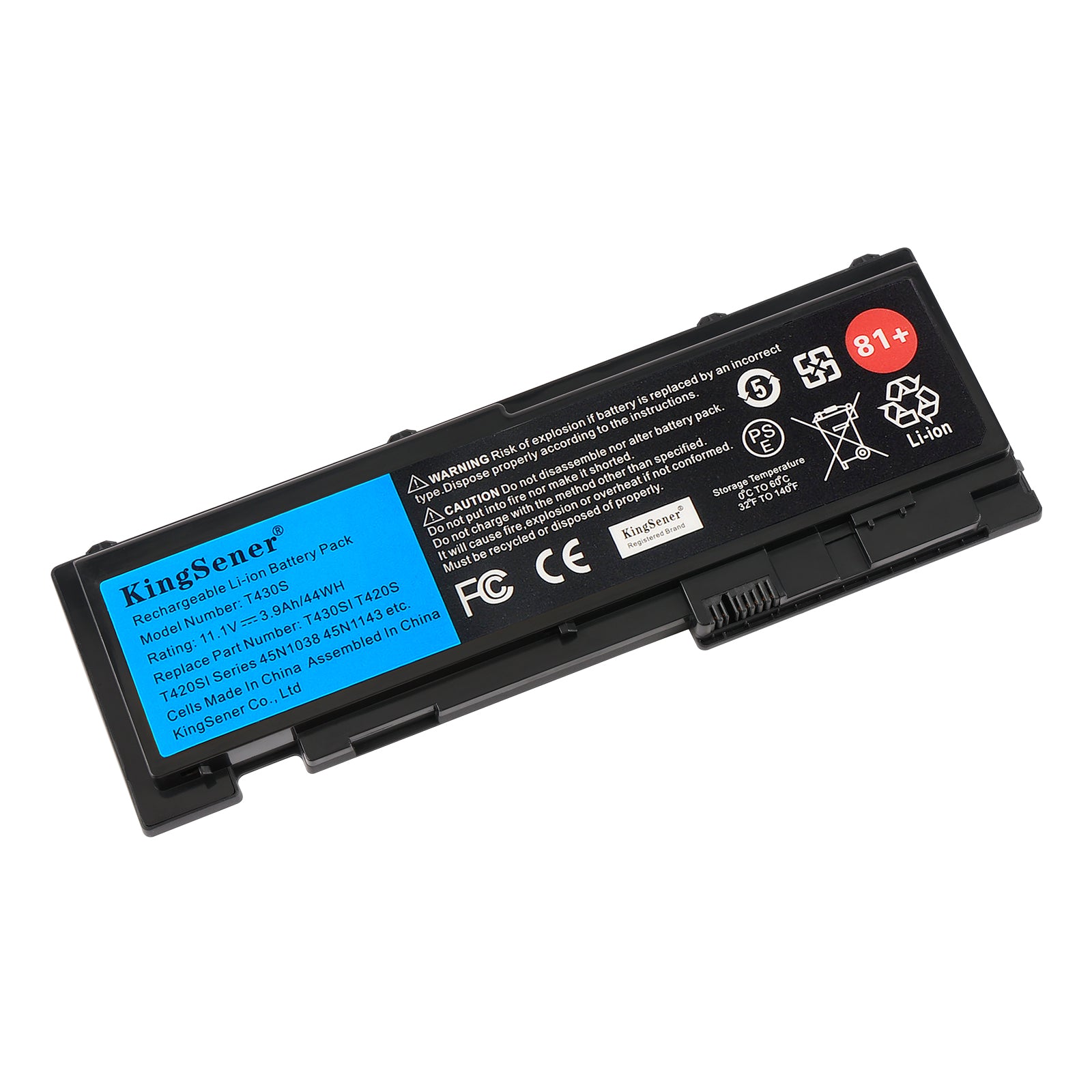 T430S battery pack for Lenovo ThinkPad, 11.1V 44Wh, side profile showing the slim form factor and mounting clips