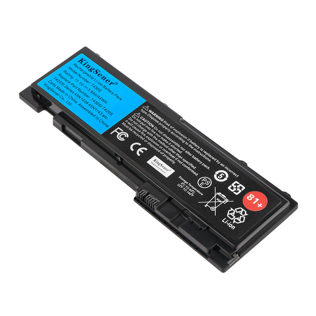 T430S 6-cell battery for Lenovo ThinkPad T430S, 11.1V 44Wh, detailed view of the safety labels and KingSener logo