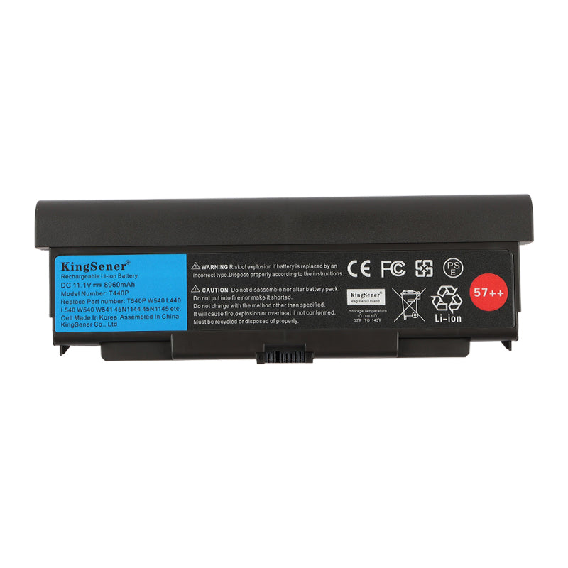 T440P high quality replacement battery for Lenovo ThinkPad T540P W540 W541, 10.8V 100Wh rechargeable Li-ion, front view showing technical labels and brand.