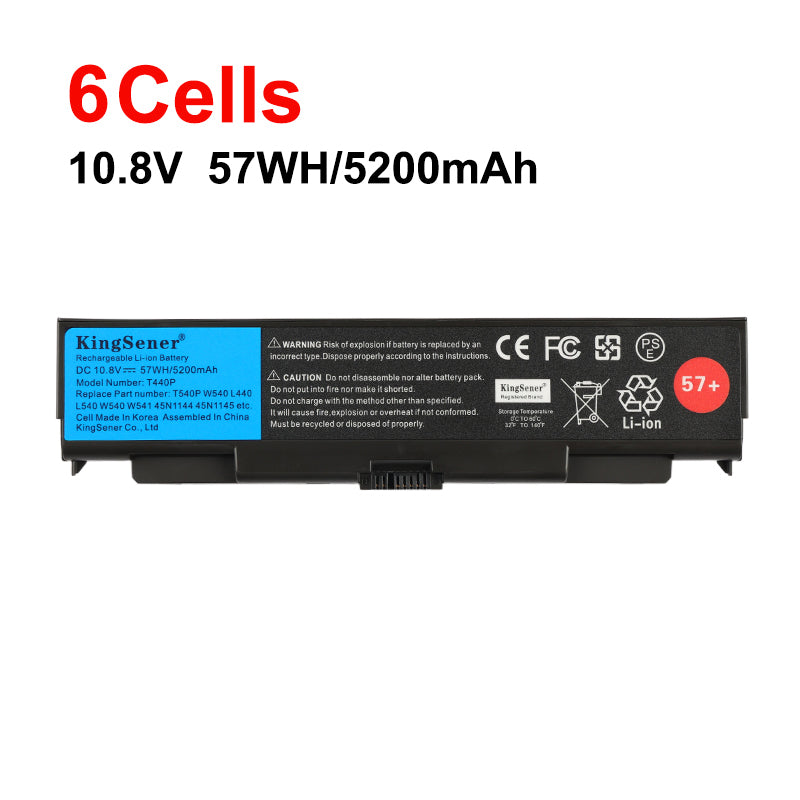 T440P laptop battery for Lenovo ThinkPad, 10.8V 57Wh, view of the standard 6-cell black battery pack with 57+ logo