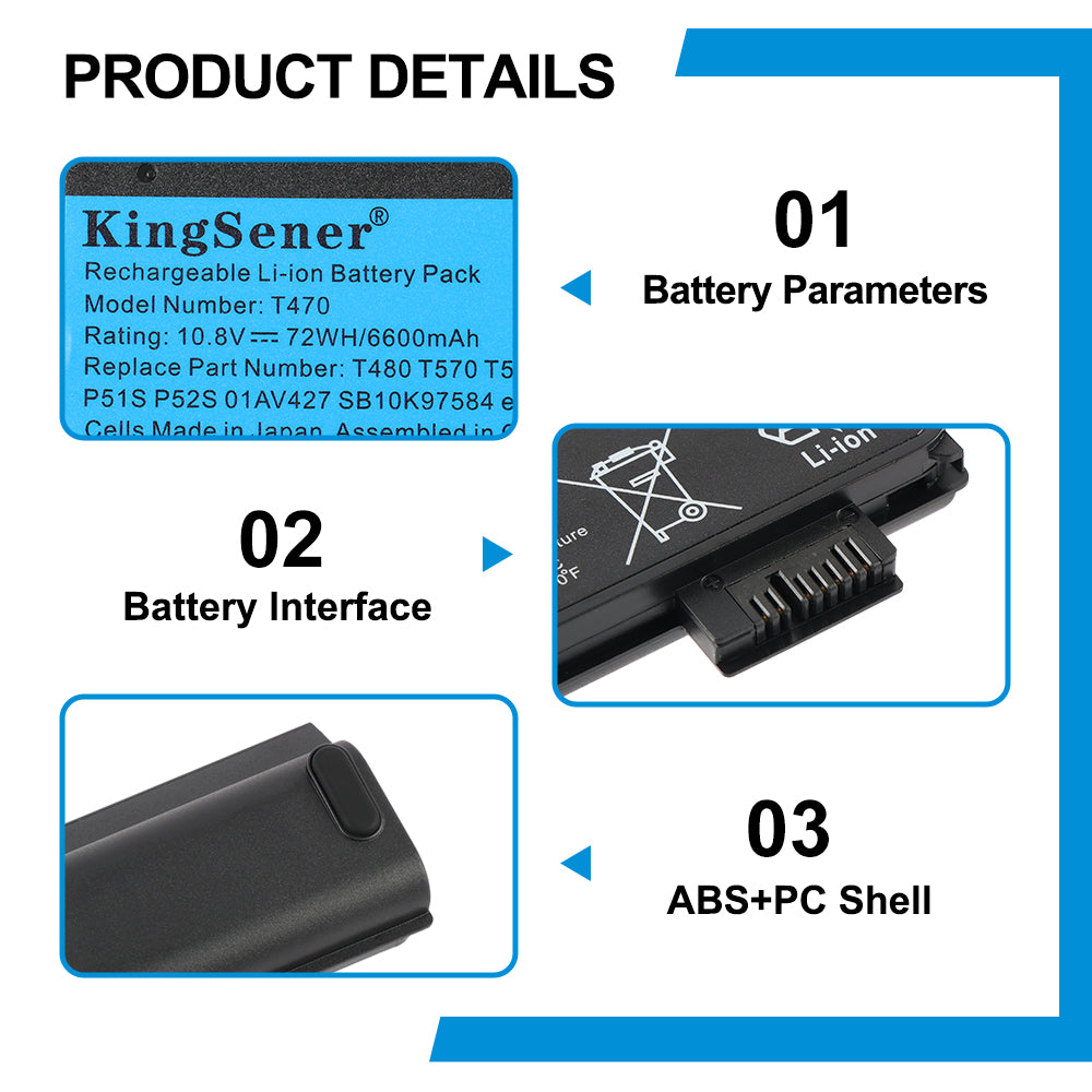01AV421 Laptop Battery for Lenovo, 10.8V 72Wh, bottom view of the large capacity external battery pack