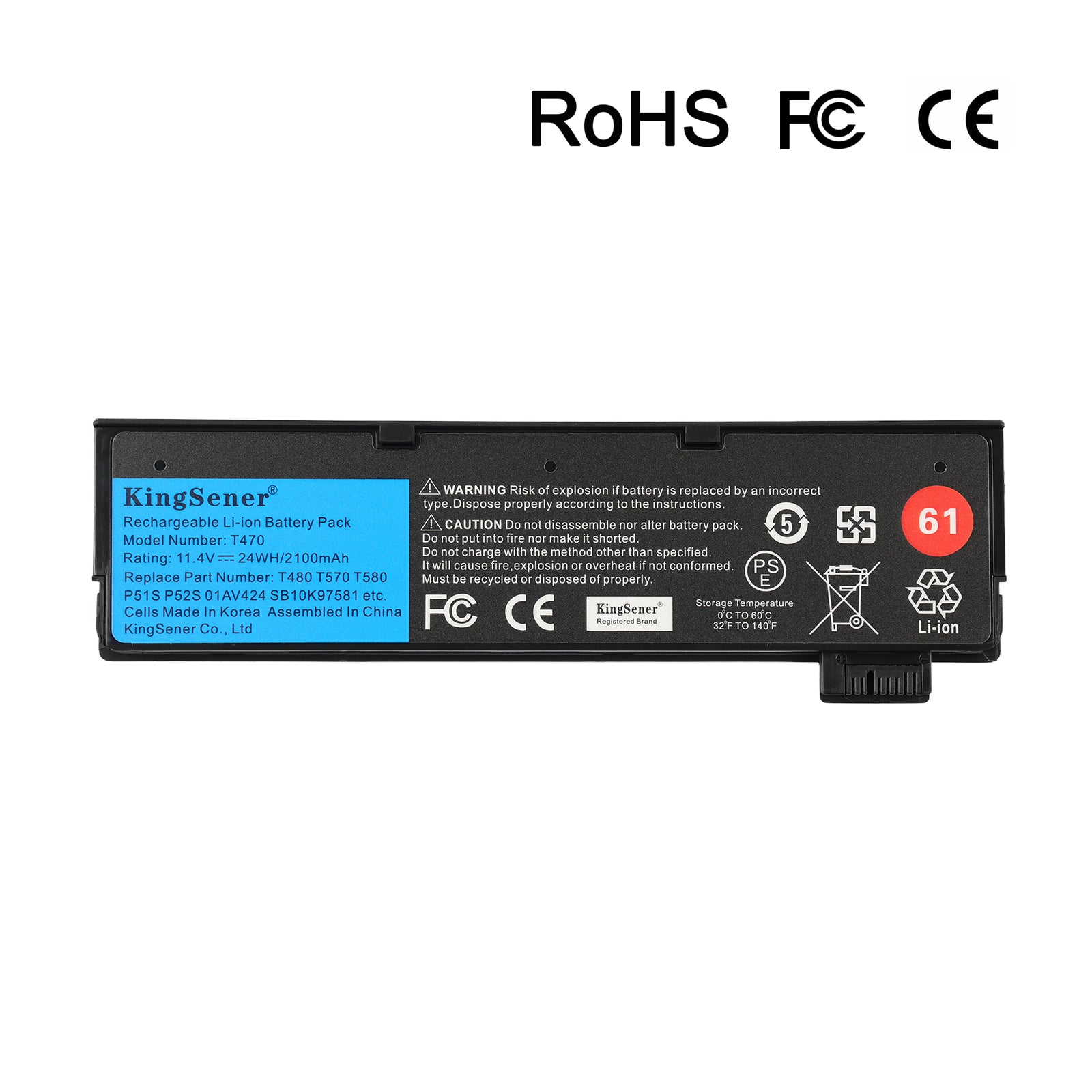T470 internal laptop battery for Lenovo ThinkPad, 11.4V 24Wh, rectangular black 3-cell battery pack with connector cable