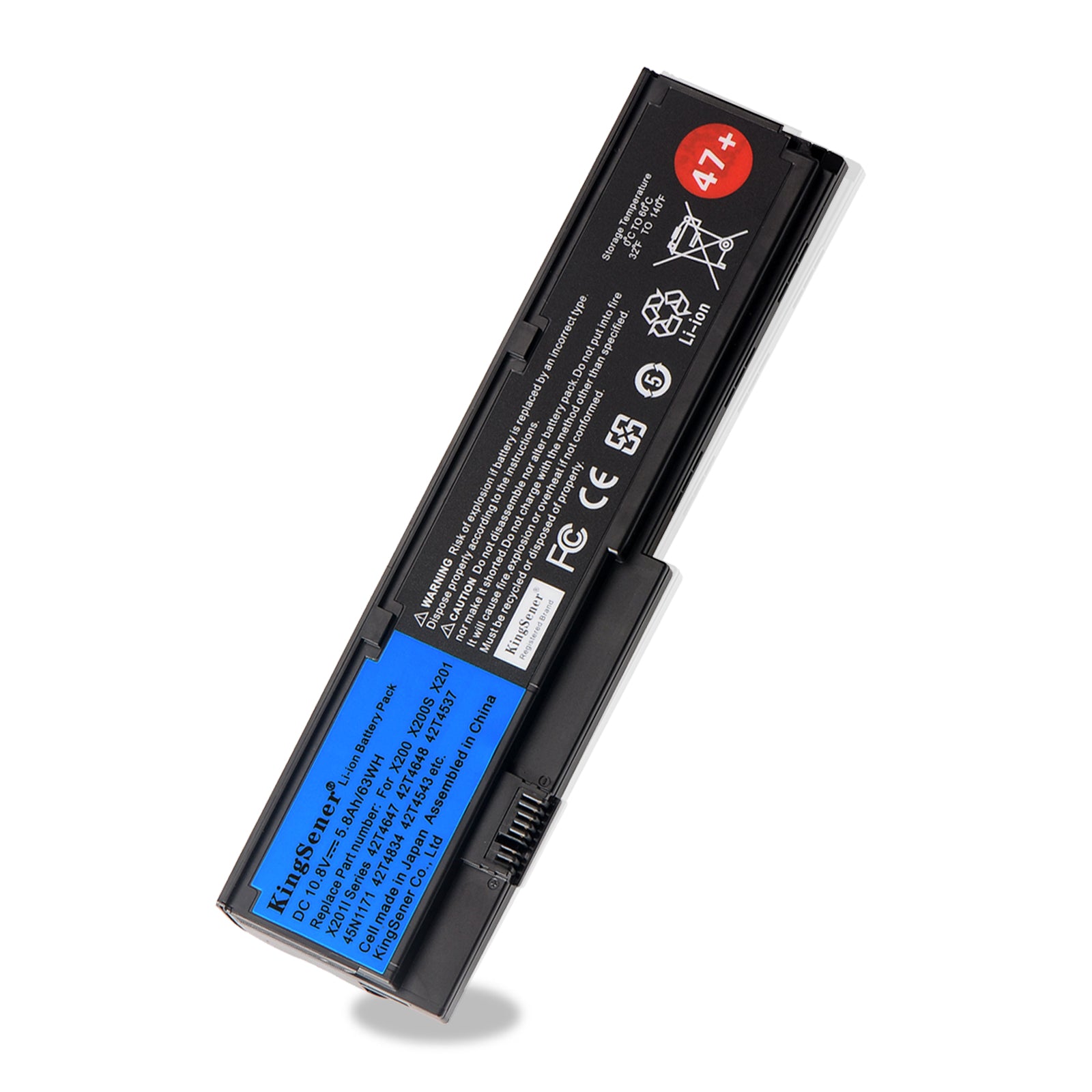 X200 Laptop Battery for Lenovo ThinkPad, 10.8V 63Wh, showing blue label and red 47+ sticker