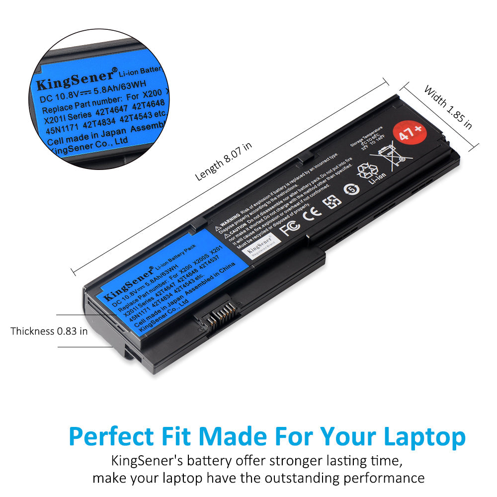 X200 Laptop Battery for Lenovo ThinkPad, 10.8V 63Wh, showing blue label and red 47+ sticker
