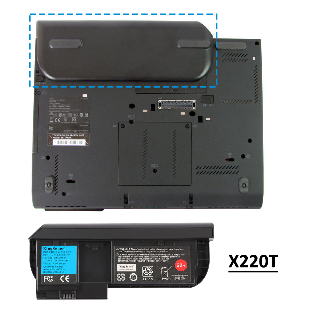 X220T battery mounting position inside Lenovo ThinkPad X220T laptop, installation diagram with battery slot shown