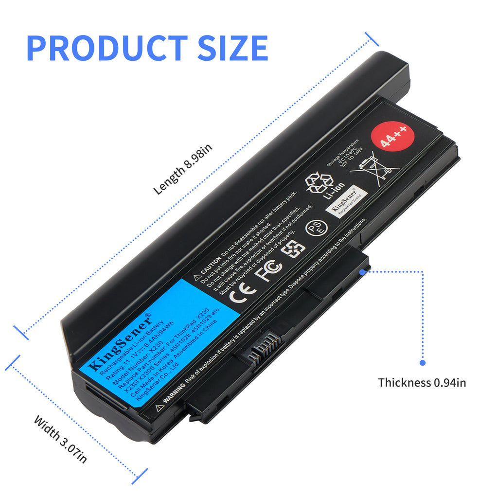 X230 Laptop Battery for Lenovo ThinkPad, 11.1V 94Wh, L-shaped unit with a red 44++ sticker and blue label