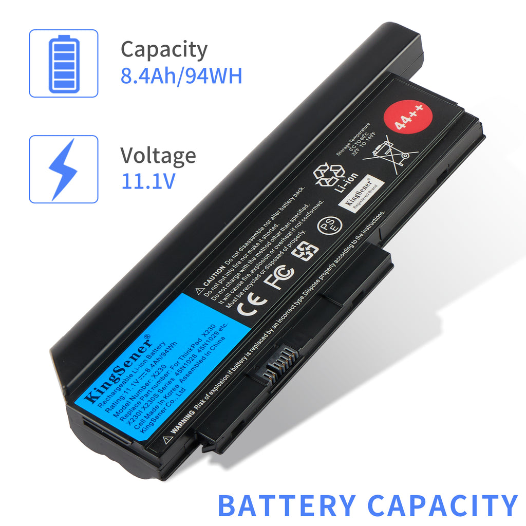 X230 Laptop Battery for Lenovo ThinkPad, 11.1V 94Wh, L-shaped unit with a red 44++ sticker and blue label