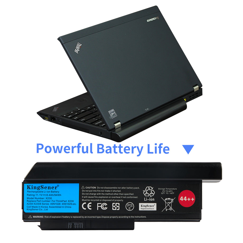 X230 Laptop Battery for Lenovo ThinkPad, 11.1V 94Wh, L-shaped unit with a red 44++ sticker and blue label
