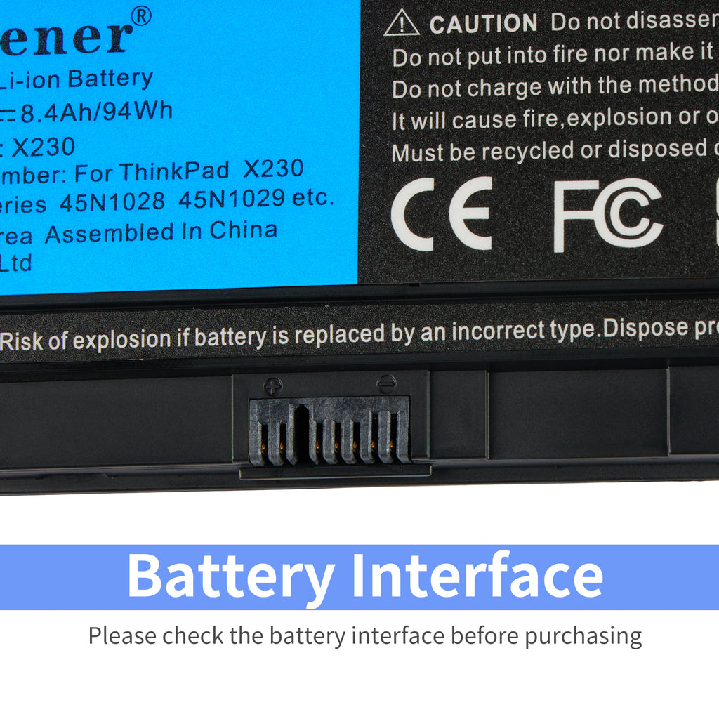 X230 Laptop Battery for Lenovo ThinkPad, 11.1V 94Wh, L-shaped unit with a red 44++ sticker and blue label