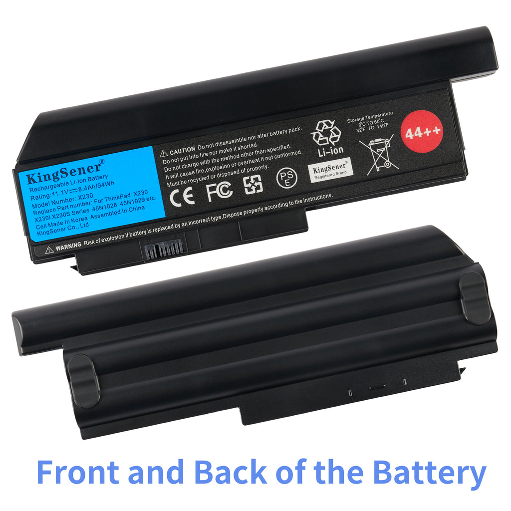 X230 Laptop Battery for Lenovo ThinkPad, 11.1V 94Wh, L-shaped unit with a red 44++ sticker and blue label