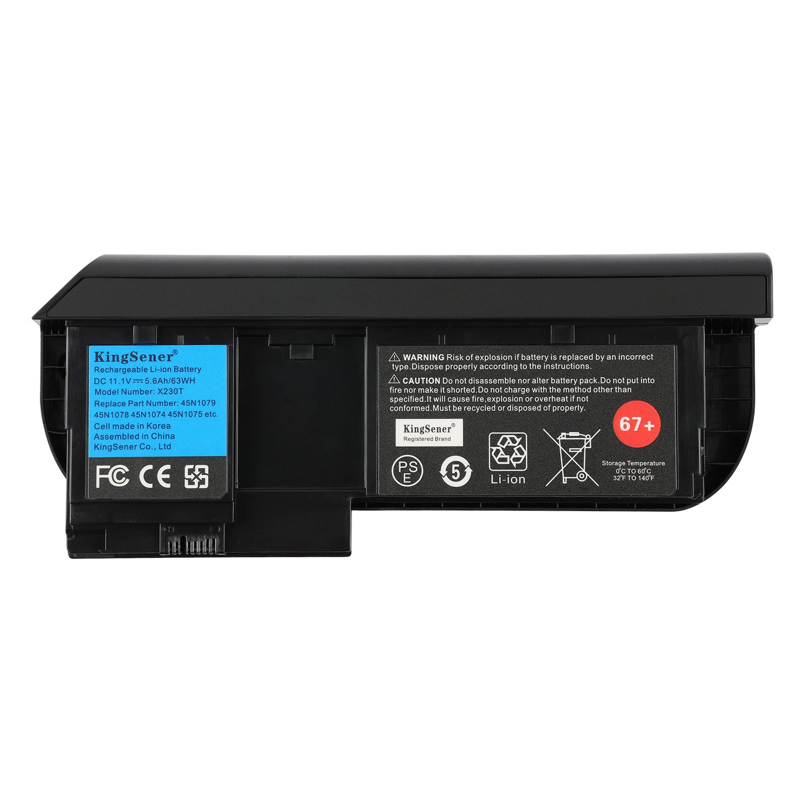 X230T high capacity replacement battery for Lenovo ThinkPad, 11.1V 63Wh rechargeable Li-ion, front view showing technical specification labels and safety certifications.