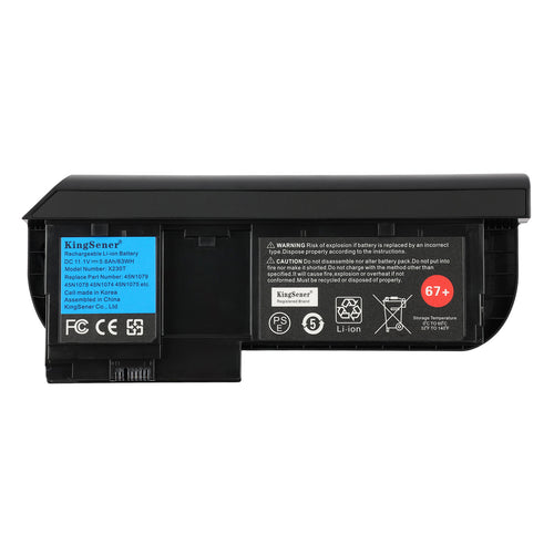 X230T high capacity replacement battery for Lenovo ThinkPad, 11.1V 63Wh rechargeable Li-ion, front view showing technical specification labels and safety certifications.