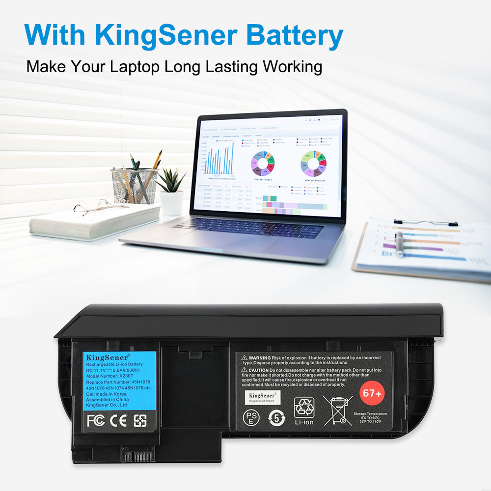 45N1076 Laptop Battery for Lenovo, 11.1V 63Wh, top view of the black rechargeable Li-ion battery pack
