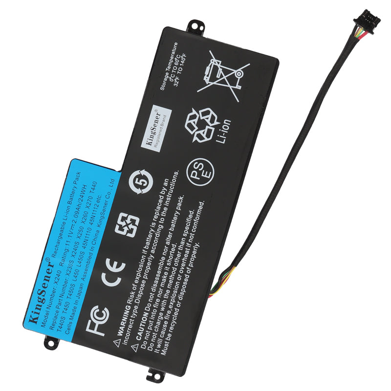 X240 internal battery for Lenovo ThinkPad T440 X250, 11.1V 24WH, L-shaped design with black multi-pin connector cable.