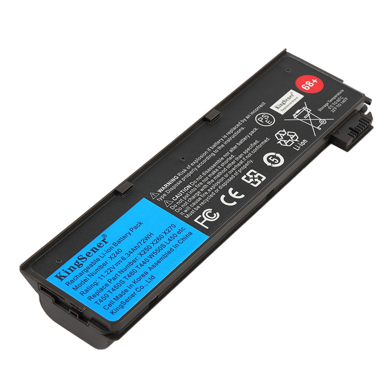 X240 extended battery for Lenovo ThinkPad X250 X260, 11.22V 72Wh, rear view of 6-cell pack with 68+ logo and release latch