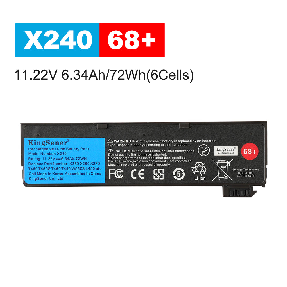 X240 rechargeable battery for Lenovo ThinkPad, 11.2V 72Wh, high capacity 6-cell external pack with KingSener branding