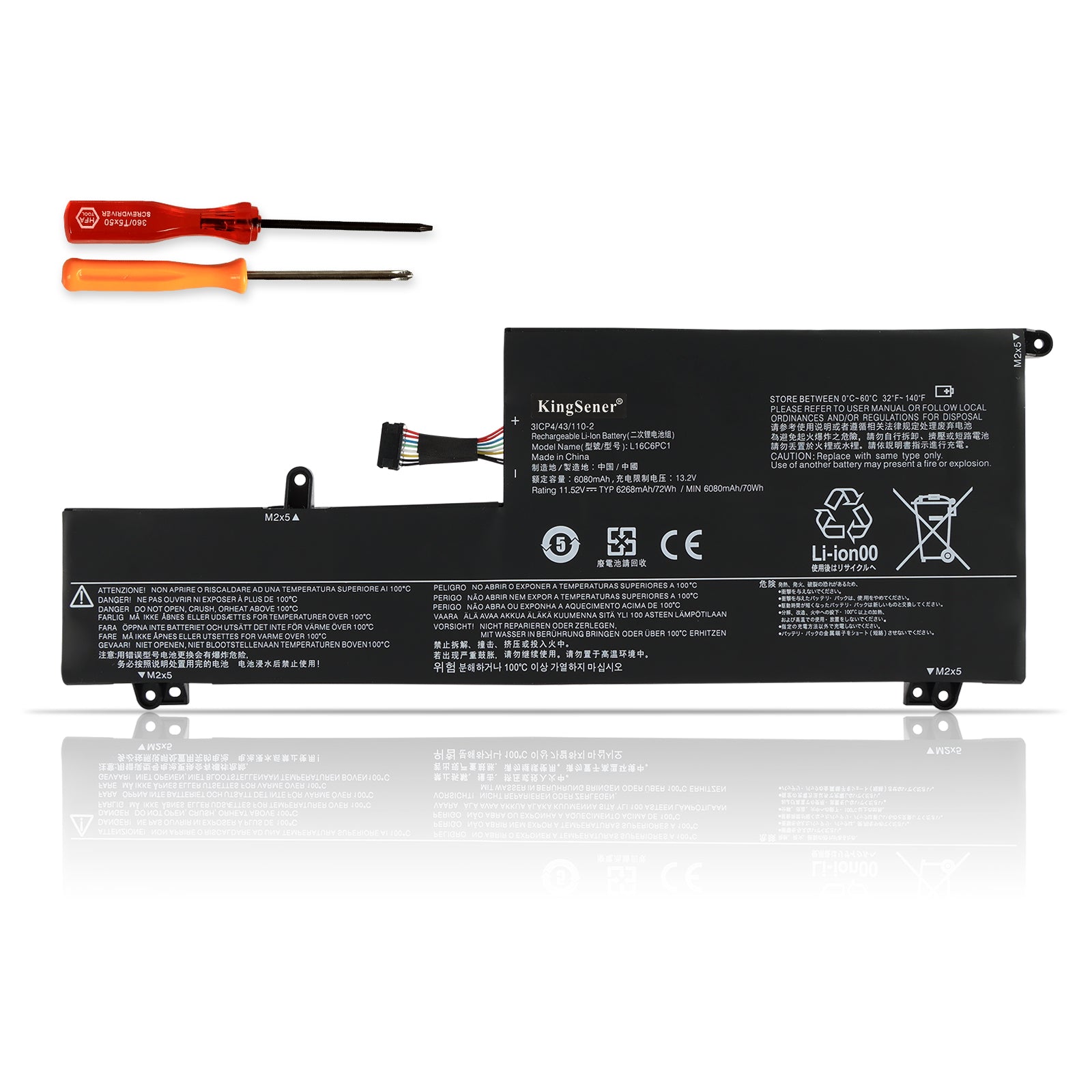 L16L6PC1 Replacement Laptop Battery for Lenovo Yoga, 11.52V 72Wh 6268mAh, Black battery with red and orange tools.