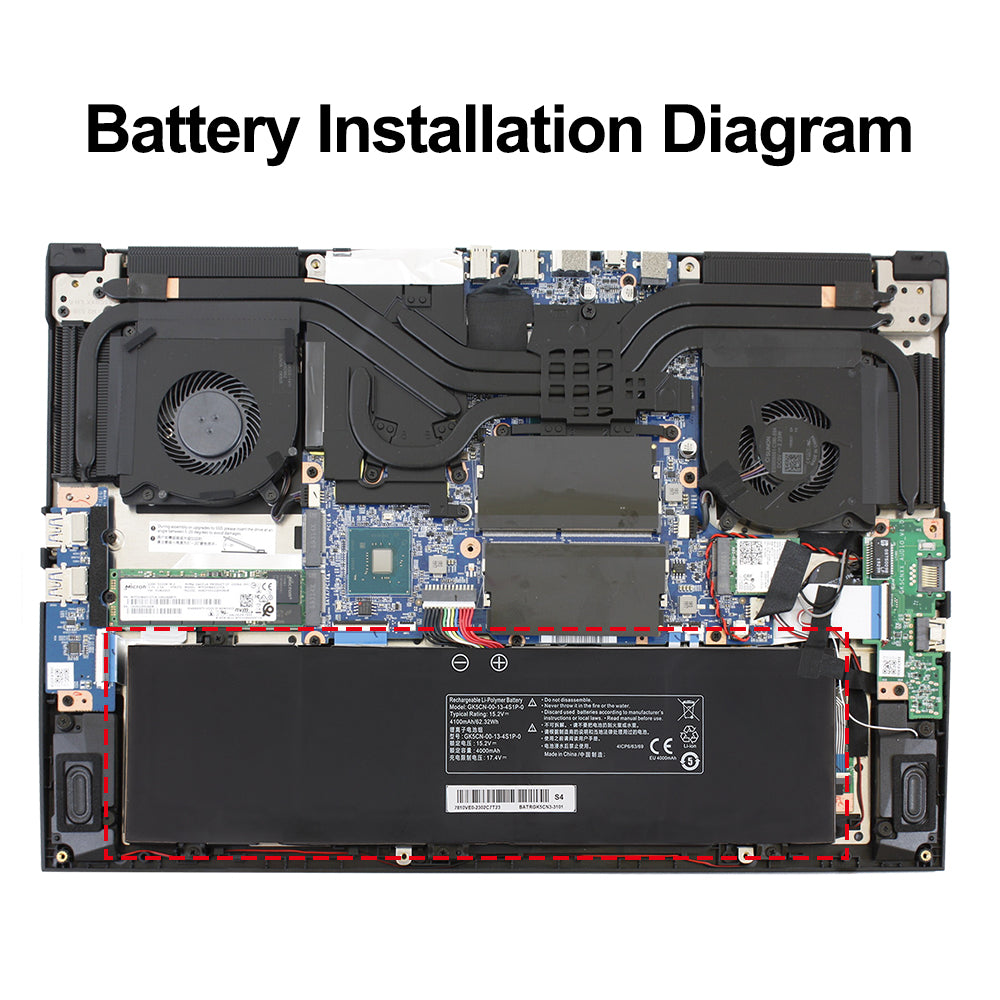 GK5CN-00-13-4S1P-0 battery installation diagram for Hasee Z7M GK5S03 TONGFANG GK5CN5Z gaming laptop, internal mounting position
